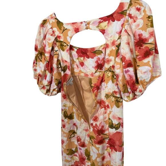 Moon River Linen Blend Midi Dress Small Orange Multicolor Floral Puff Sleeve - Picture 8 of 10